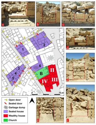 Figure 5. Magnification of the northern cluster of structures with sealed doors in the Shivta settlement plan; these structures are marked 1–6 and associated sealed doors are marked a–f; this part of the settlement contains the central church (B) and three of the elaborately built structures (II–IV). 
